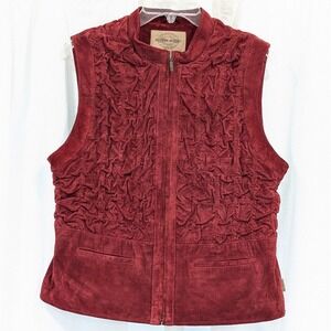 Skotts Suede Vest Rich Red Size Medium Zip Front Pockets Puffed Texture Washable